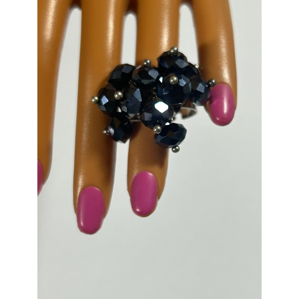 Vintage Black Beaded‎ Cluster Statement Ring Adjustable Band Y2K Goth Grunge